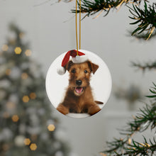 DistinctInk Hanging Ceramic Christmas Tree Ornament with Gold String - Great Gift/Present - 2 3/4 inch Diameter - Irish Terrier Puppy Design