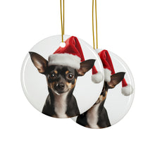 DistinctInk Hanging Ceramic Christmas Tree Ornament with Gold String - Great Gift/Present - 2 3/4 inch Diameter - Rat Terrier Design