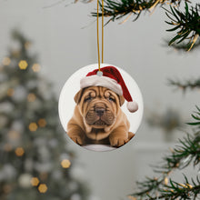 DistinctInk Hanging Ceramic Christmas Tree Ornament with Gold String - Great Gift/Present - 2 3/4 inch Diameter - Chinese Shar-Pei Puppy Design