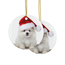 DistinctInk Hanging Ceramic Christmas Tree Ornament with Gold String - Great Gift/Present - 2 3/4 inch Diameter - Pumik Puppy Design