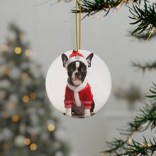 DistinctInk Hanging Ceramic Christmas Tree Ornament with Gold String - Great Gift/Present - 2 3/4 inch Diameter - Boston Terrier Puppy Design