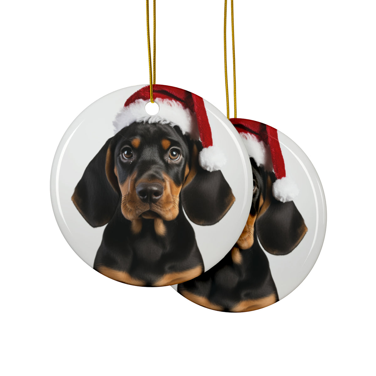 Hanging Ceramic Christmas Tree Ornament with Gold String - Black and Tan Coonhound Puppy Design, view 2