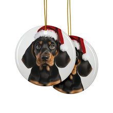 DistinctInk Hanging Ceramic Christmas Tree Ornament with Gold String - Great Gift/Present - 2 3/4 inch Diameter - Black and Tan Coonhound Puppy Design