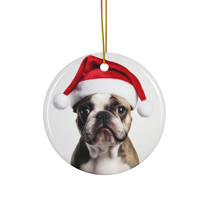 DistinctInk Hanging Ceramic Christmas Tree Ornament with Gold String - Great Gift/Present - 2 3/4 inch Diameter - French Bulldog Design