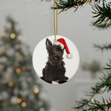 DistinctInk Hanging Ceramic Christmas Tree Ornament with Gold String - Great Gift/Present - 2 3/4 inch Diameter - Scottish Terrier Puppy Design