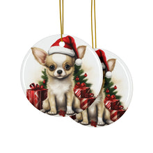 DistinctInk Hanging Ceramic Christmas Tree Ornament with Gold String - Great Gift/Present - 2 3/4 inch Diameter - Chihuahua Puppy Drawing Design