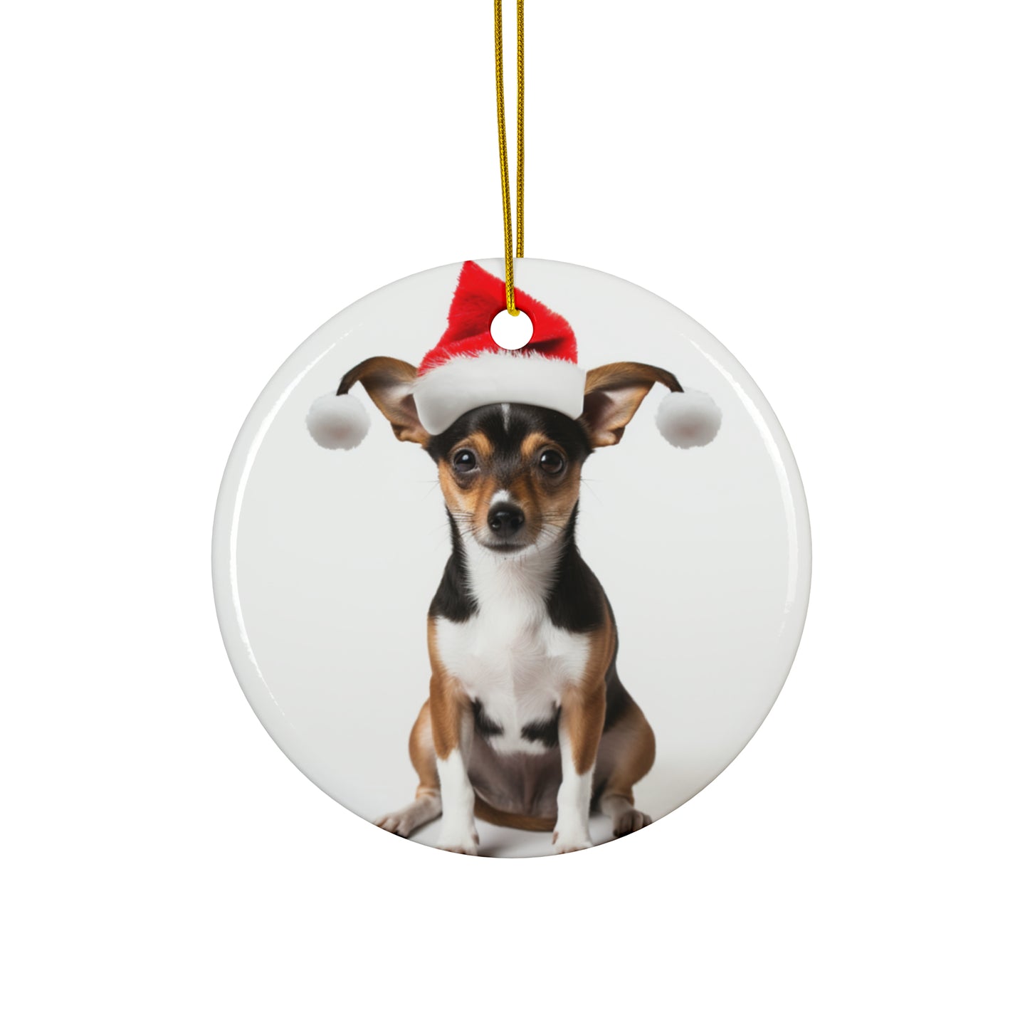 DistinctInk Hanging Ceramic Christmas Tree Ornament with Gold String - Great Gift/Present - 2 3/4 inch Diameter - Toy Fox Terrier Design
