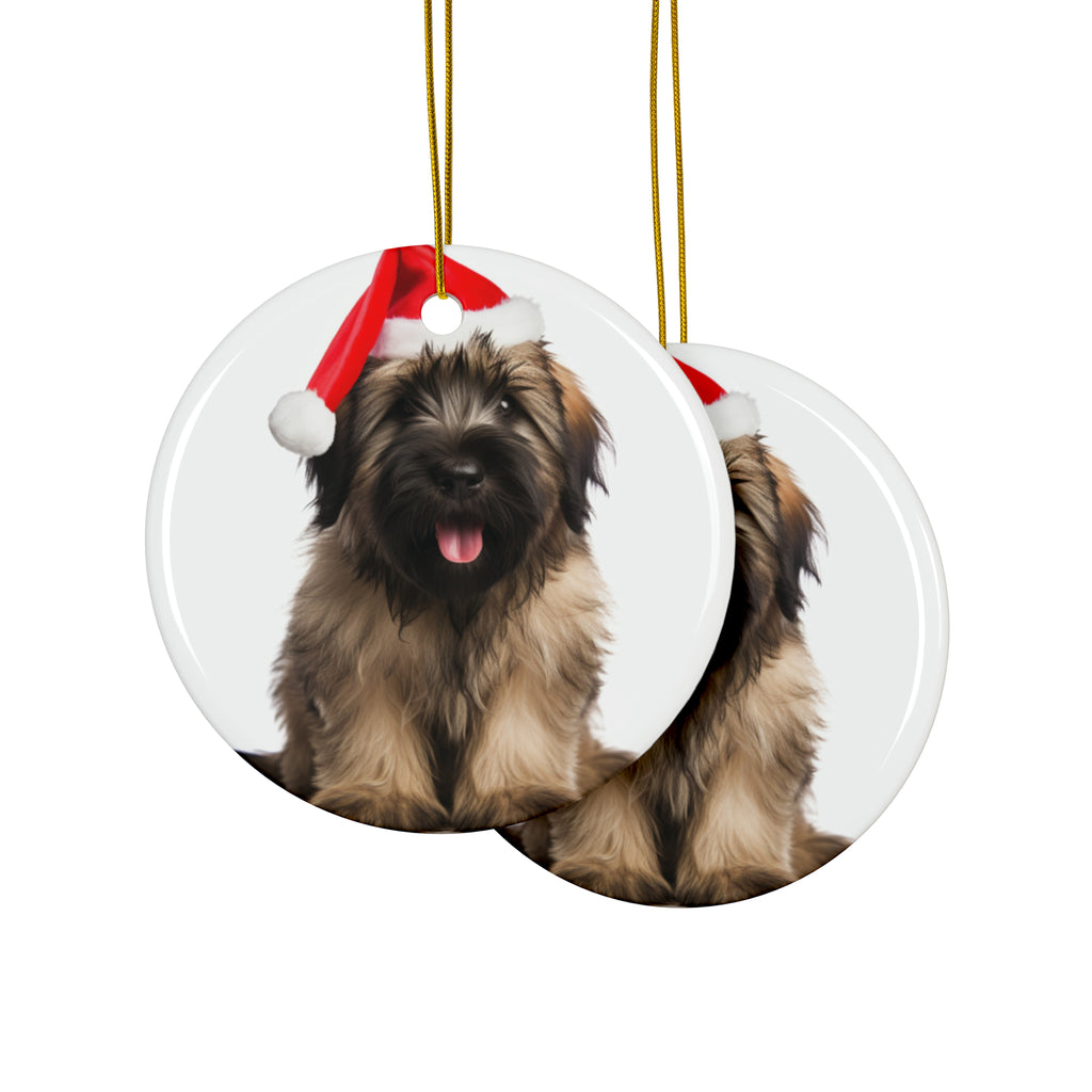 Hanging Ceramic Christmas Tree Ornament with Gold String - Briard Puppy Design, view 2