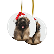 DistinctInk Hanging Ceramic Christmas Tree Ornament with Gold String - Great Gift/Present - 2 3/4 inch Diameter - Briard Puppy Design