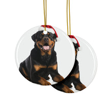 DistinctInk Hanging Ceramic Christmas Tree Ornament with Gold String - Great Gift/Present - 2 3/4 inch Diameter - Rottweiler Design