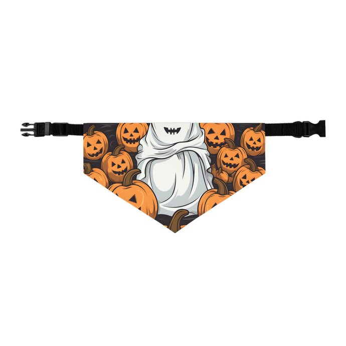 DistinctInk Adjustable Pet Banana Collar with Skeletal Ghostly Pumpkin Patch Design for Halloween