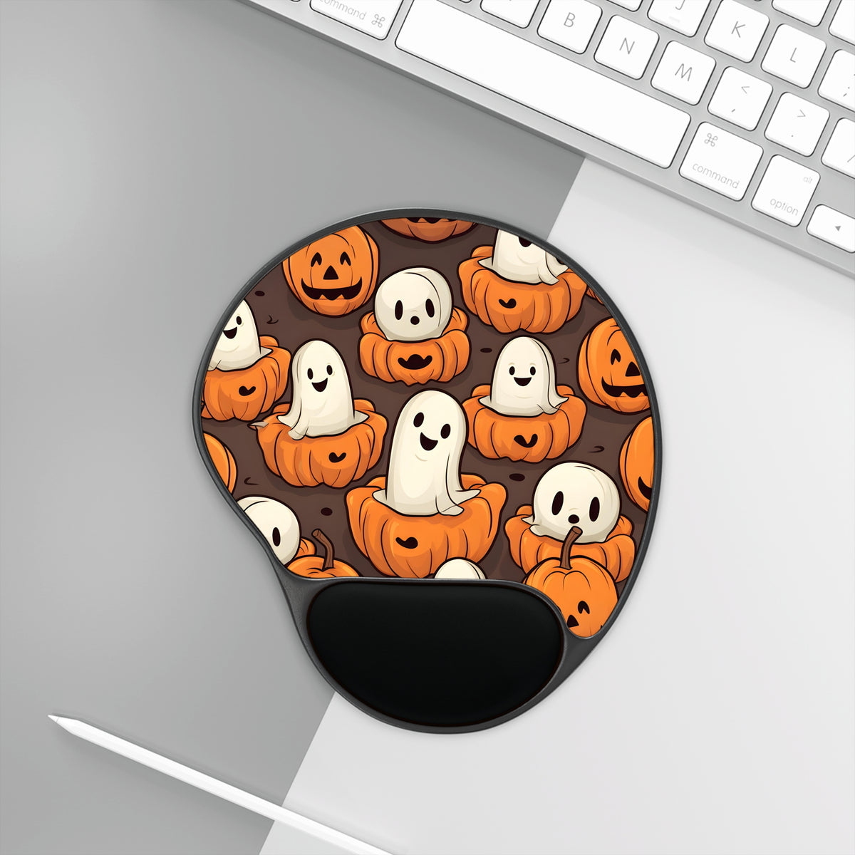 Mouse Pad with Wrist Rest with Haunted Skeleton Pumpkin Patch Design for Halloween, view 3