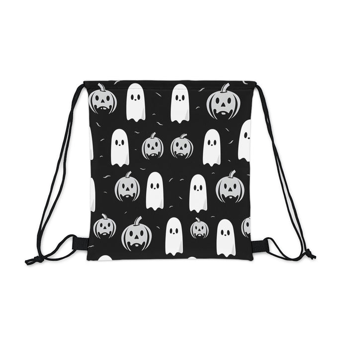 DistinctInk Drawstring Bag / Backpack with Skeletal Ghostly Pumpkin Mania Design for Halloween