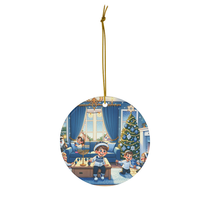 DistinctInk Hanging Ceramic Christmas Tree Ornament Charm with Gold String - Great Gift/Present - 2 3/4 inch Diameter - Joyful Hanukkah Celebration
