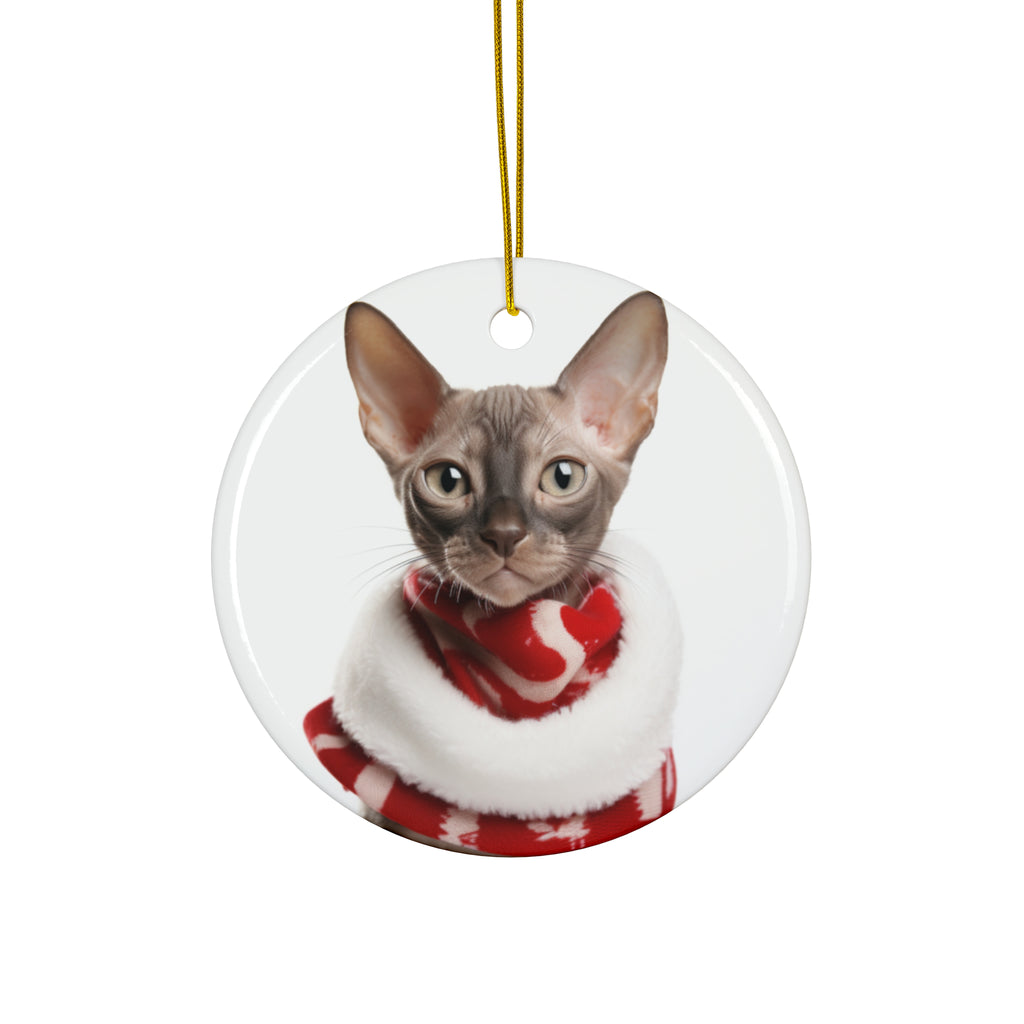 Hanging Ceramic Christmas Tree Ornament with Gold String - Oriental Cat Design