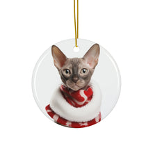 DistinctInk Hanging Ceramic Christmas Tree Ornament with Gold String - Great Gift/Present - 2 3/4 inch Diameter - Oriental Cat Design