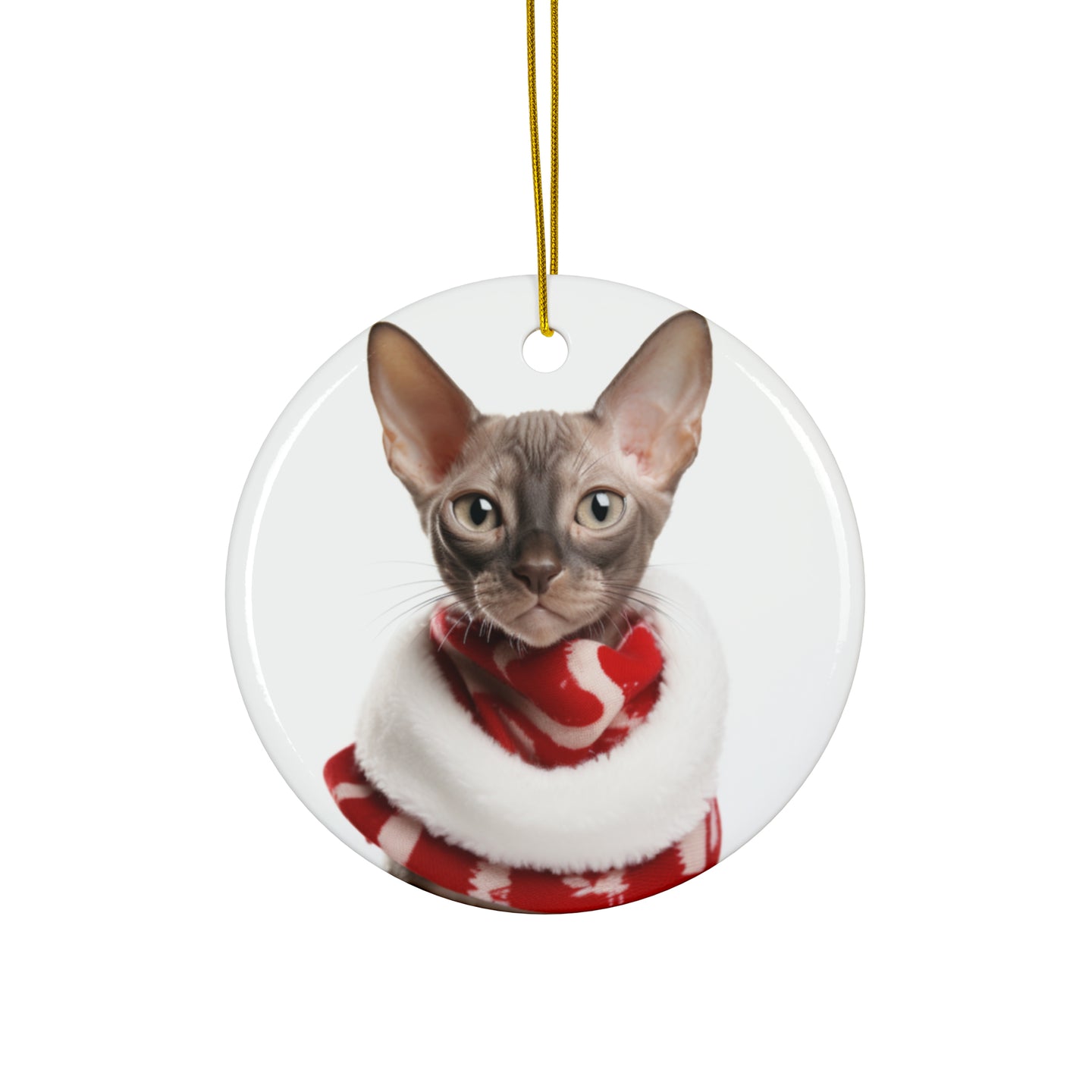 DistinctInk Hanging Ceramic Christmas Tree Ornament with Gold String - Great Gift/Present - 2 3/4 inch Diameter - Oriental Cat Design