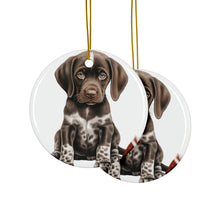DistinctInk Hanging Ceramic Christmas Tree Ornament with Gold String - Great Gift/Present - 2 3/4 inch Diameter - German Shorthaired Pointer Puppy Drawing Design