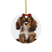 DistinctInk Hanging Ceramic Christmas Tree Ornament with Gold String - Great Gift/Present - 2 3/4 inch Diameter - English Toy Spaniel Puppy Design