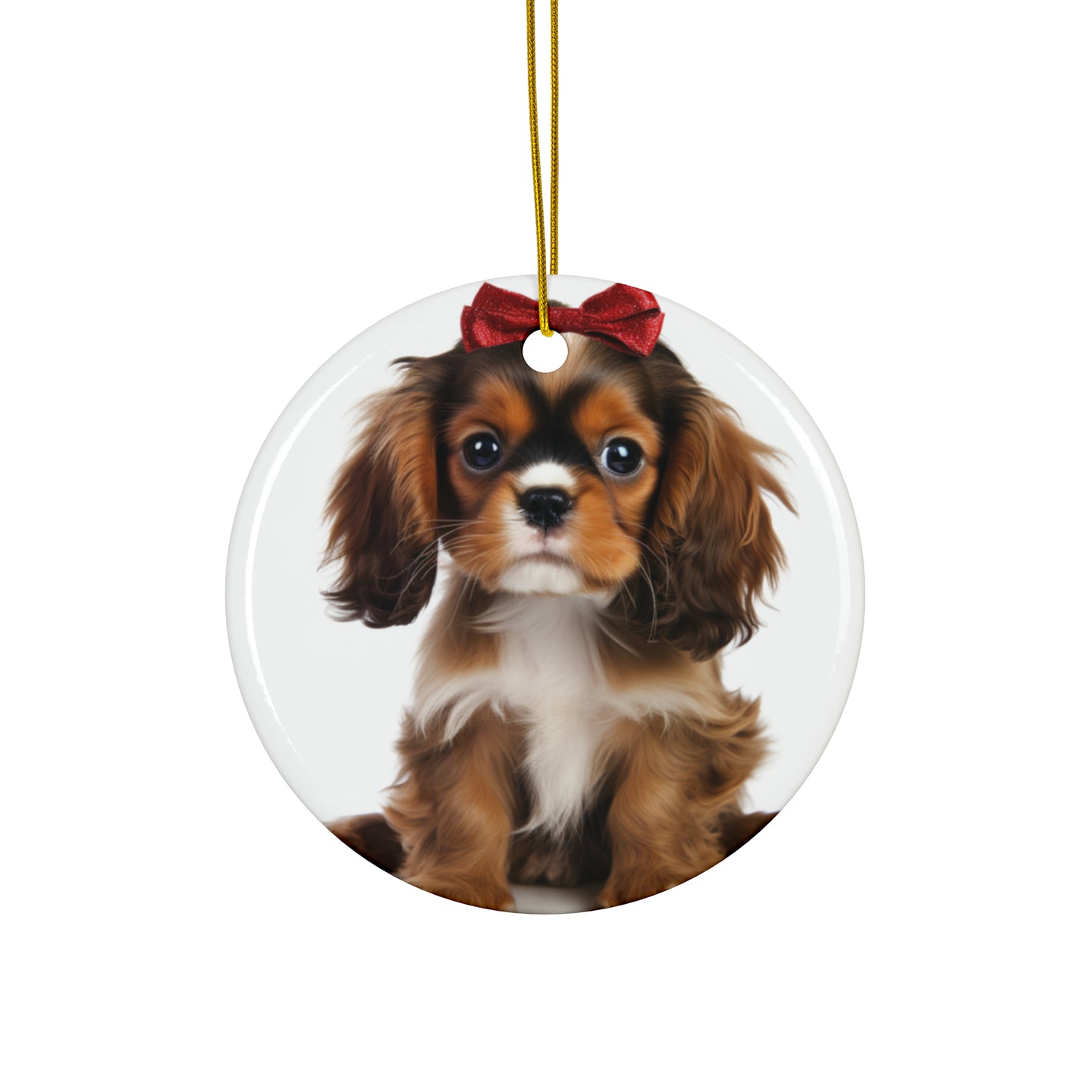 DistinctInk Hanging Ceramic Christmas Tree Ornament with Gold String - Great Gift/Present - 2 3/4 inch Diameter - English Toy Spaniel Puppy Design