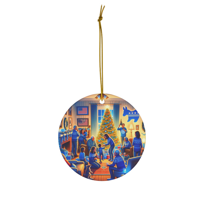 DistinctInk Hanging Ceramic Christmas Tree Ornament Charm with Gold String - Great Gift/Present - 2 3/4 inch Diameter - Blue Democrat Christmas Harmony
