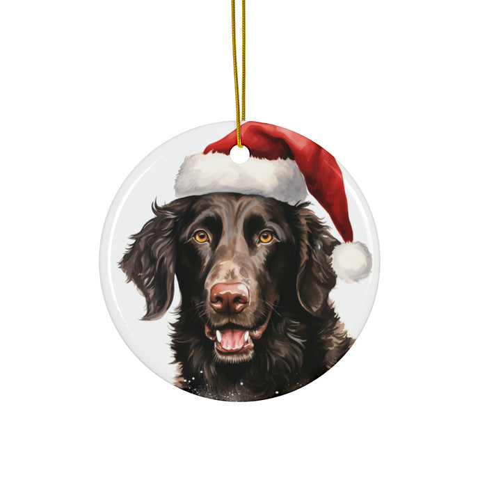 DistinctInk Hanging Ceramic Christmas Tree Ornament with Gold String - Great Gift/Present - 2 3/4 inch Diameter - Curly-Coated Retriever Design
