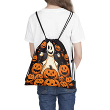DistinctInk Drawstring Bag / Backpack with Spooky Skeleton Pumpkin Patch Design for Halloween