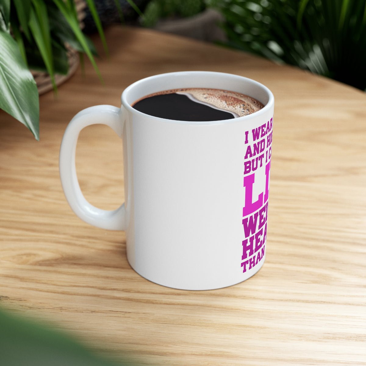 Glossy White Coffee / Tea Mug - Lipstick & High Heels Can Life Weights Heavier, view 8