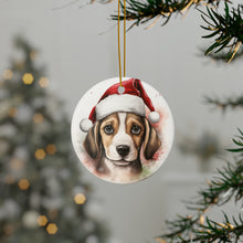 DistinctInk Hanging Ceramic Christmas Tree Ornament with Gold String - Great Gift/Present - 2 3/4 inch Diameter - Beagle Puppy Drawing Design