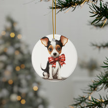 DistinctInk Hanging Ceramic Christmas Tree Ornament with Gold String - Great Gift/Present - 2 3/4 inch Diameter - Toy Fox Terrier Puppy Drawing Design