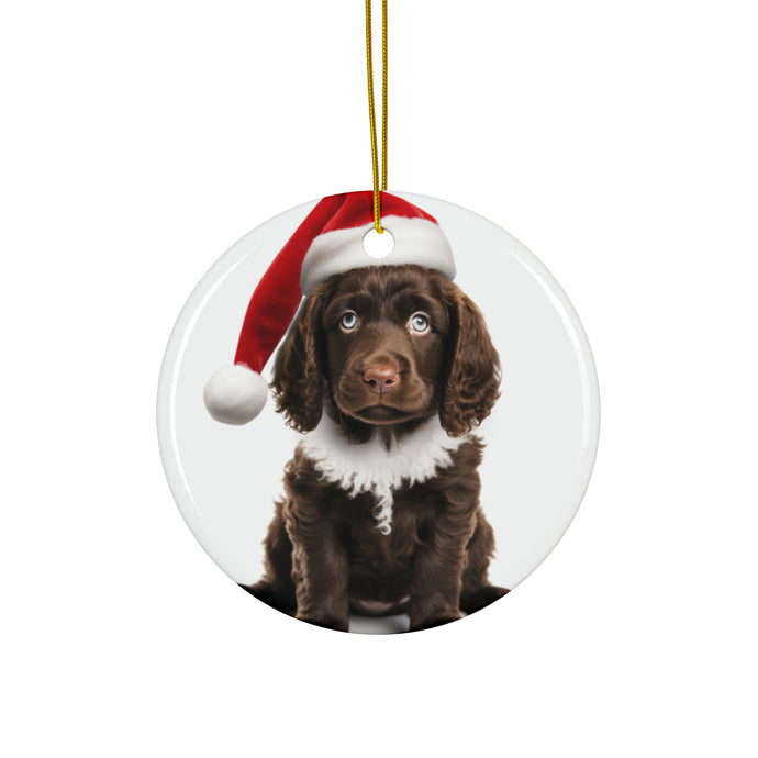 DistinctInk Hanging Ceramic Christmas Tree Ornament with Gold String - Great Gift/Present - 2 3/4 inch Diameter - American Water Spaniel Puppy Design