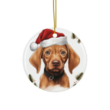 DistinctInk Hanging Ceramic Christmas Tree Ornament with Gold String - Great Gift/Present - 2 3/4 inch Diameter - Vizsla Puppy Drawing Design
