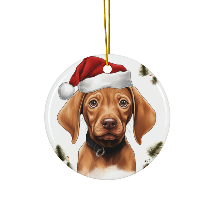 DistinctInk Hanging Ceramic Christmas Tree Ornament with Gold String - Great Gift/Present - 2 3/4 inch Diameter - Vizsla Puppy Drawing Design