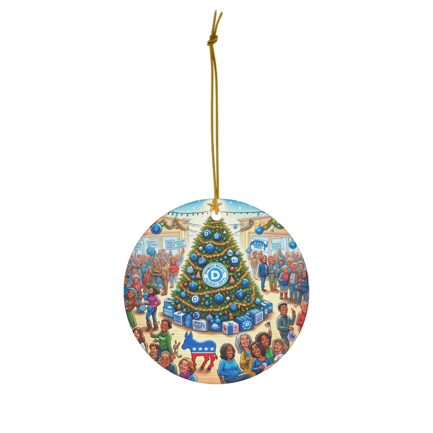 DistinctInk Hanging Ceramic Christmas Tree Ornament Charm with Gold String - Great Gift/Present - 2 3/4 inch Diameter - Democratic Holiday Spirit