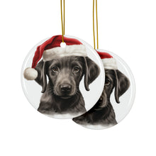 DistinctInk Hanging Ceramic Christmas Tree Ornament with Gold String - Great Gift/Present - 2 3/4 inch Diameter - Sloughi Puppy Drawing Design