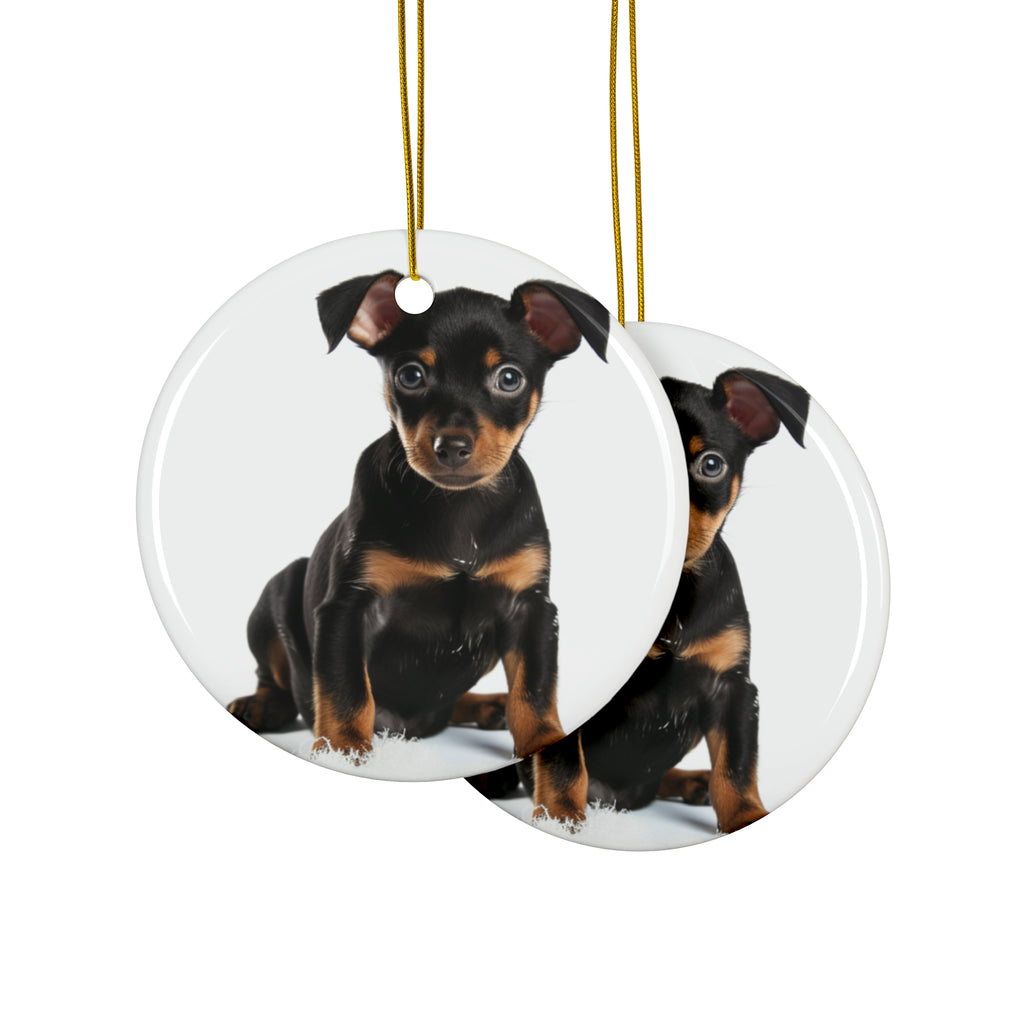 Hanging Ceramic Christmas Tree Ornament with Gold String - Manchester Terrier Puppy Design, view 2