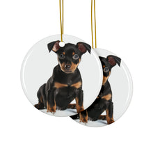DistinctInk Hanging Ceramic Christmas Tree Ornament with Gold String - Great Gift/Present - 2 3/4 inch Diameter - Manchester Terrier Puppy Design