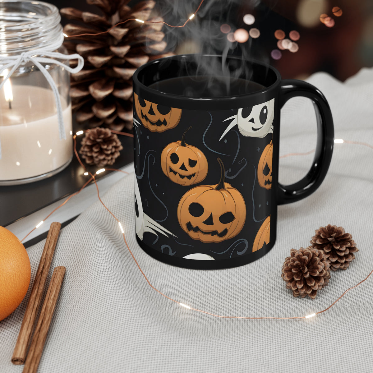 Black Coffee Mug - Ghost Skeleton Pumpkin Pattern for Halloween, view 4