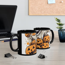 DistinctInk Black Coffee Mug - Ghostly Skeleton and Pumpkins for Halloween