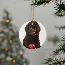 DistinctInk Hanging Ceramic Christmas Tree Ornament with Gold String - Great Gift/Present - 2 3/4 inch Diameter - Irish Water Spaniel Puppy Design