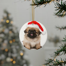 DistinctInk Hanging Ceramic Christmas Tree Ornament with Gold String - Great Gift/Present - 2 3/4 inch Diameter - Pekingese Puppy Design