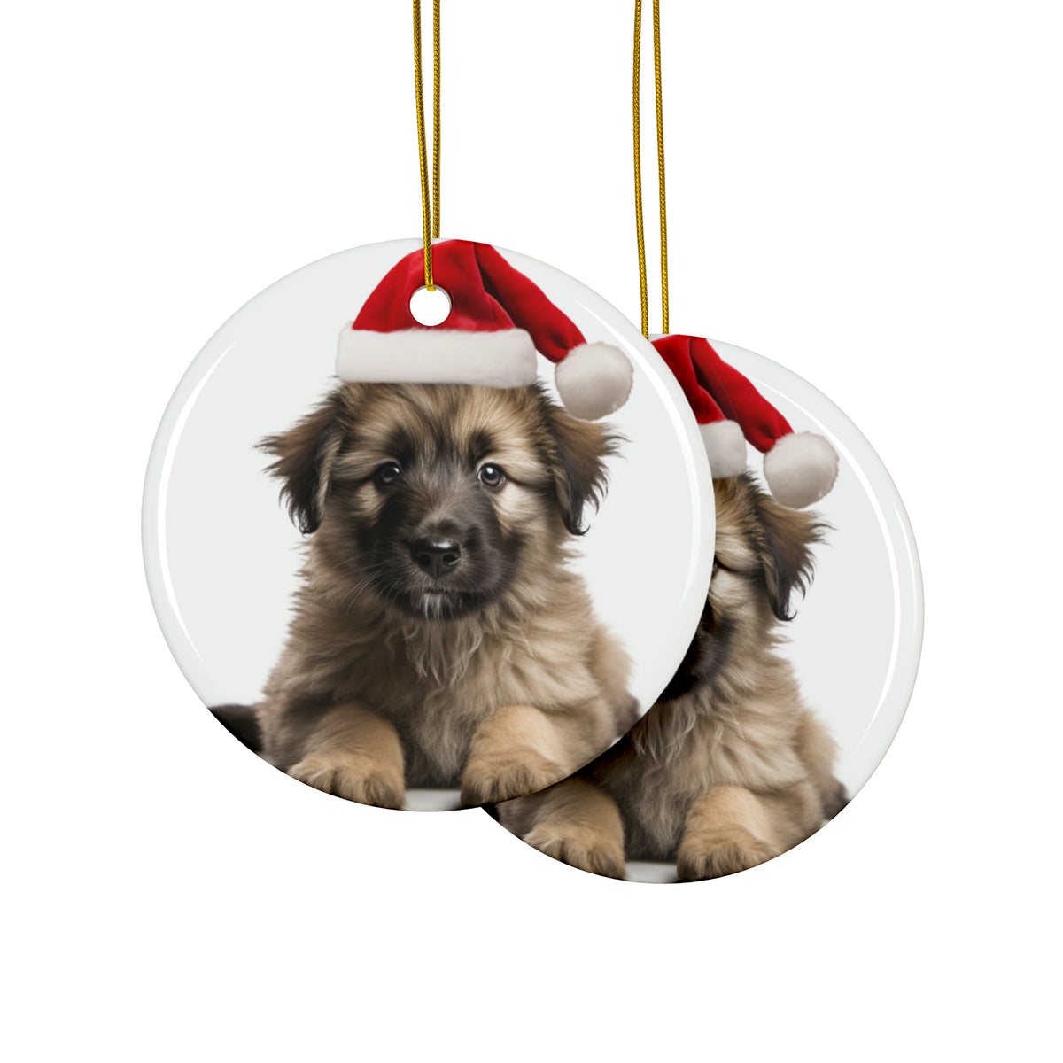 Hanging Ceramic Christmas Tree Ornament with Gold String - Pyrenean Shepherd Puppy Design, view 2