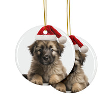 DistinctInk Hanging Ceramic Christmas Tree Ornament with Gold String - Great Gift/Present - 2 3/4 inch Diameter - Pyrenean Shepherd Puppy Design