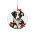 Hanging Ceramic Christmas Tree Ornament with Gold String - Border Collie Puppy Drawing Design