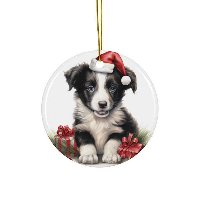 DistinctInk Hanging Ceramic Christmas Tree Ornament with Gold String - Great Gift/Present - 2 3/4 inch Diameter - Border Collie Puppy Drawing Design
