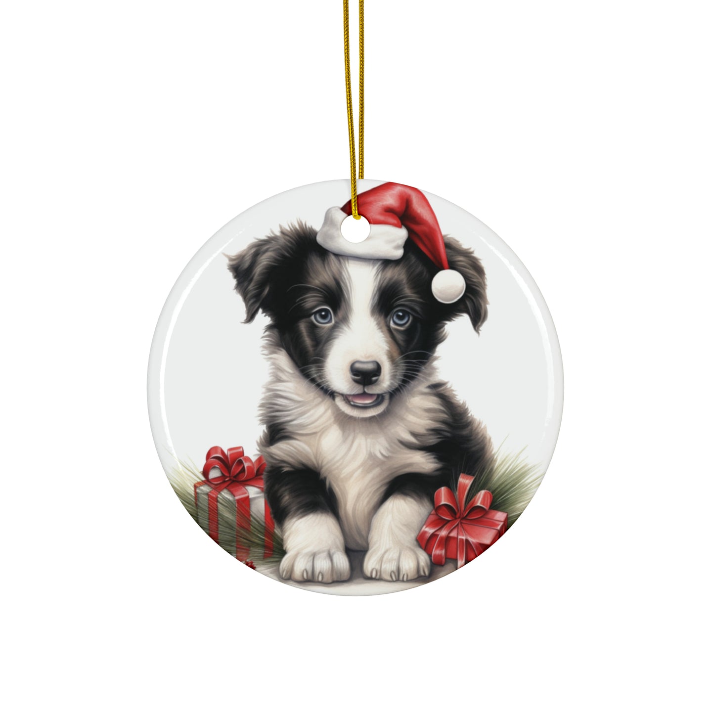 DistinctInk Hanging Ceramic Christmas Tree Ornament with Gold String - Great Gift/Present - 2 3/4 inch Diameter - Border Collie Puppy Drawing Design