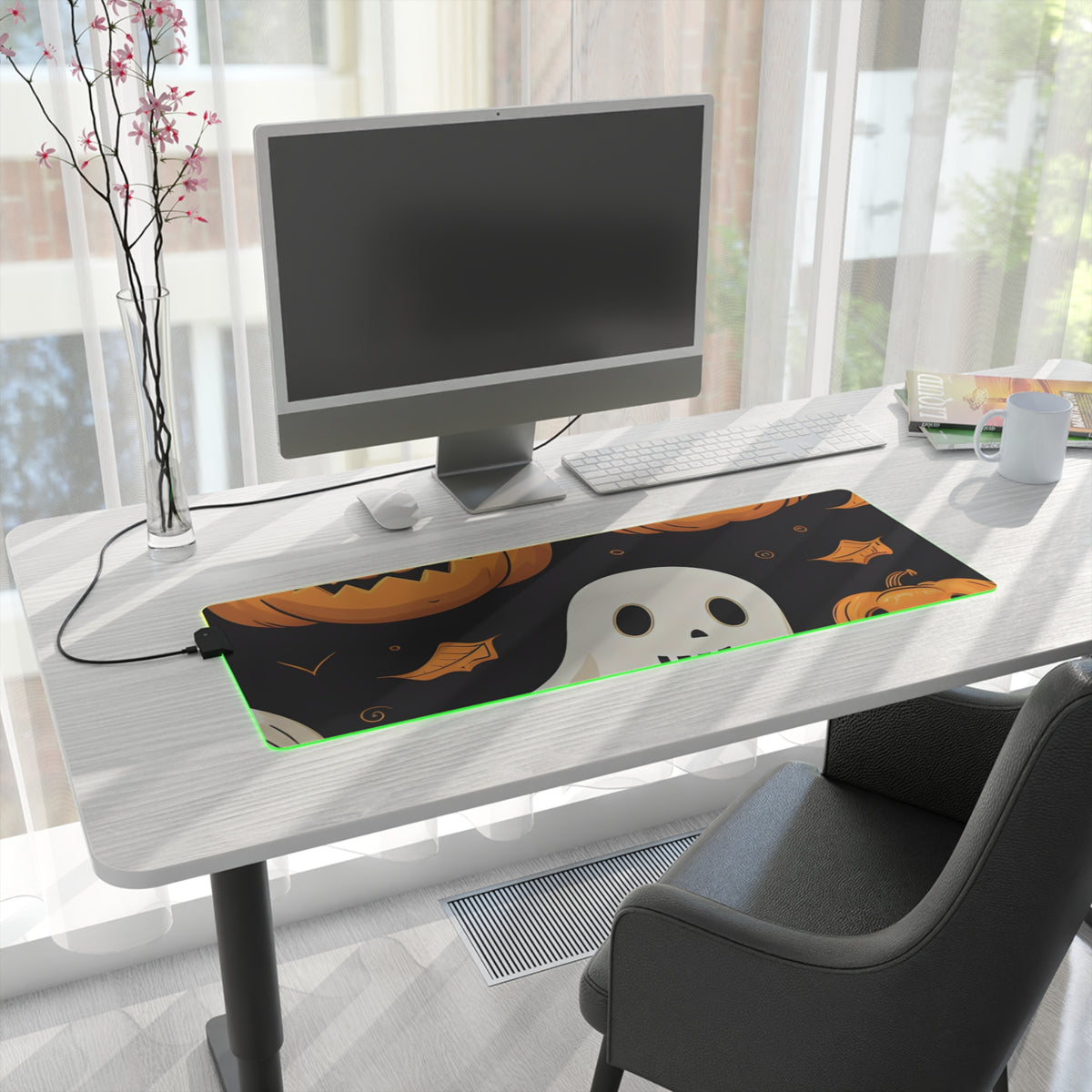 LED Gaming Mouse Pad with Ghastly Skeleton Pumpkin Party Design for Halloween, view 22