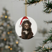 DistinctInk Hanging Ceramic Christmas Tree Ornament with Gold String - Great Gift/Present - 2 3/4 inch Diameter - Spanish Water Dog Puppy Design