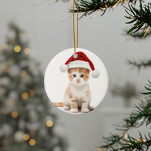 DistinctInk Hanging Ceramic Christmas Tree Ornament with Gold String - Great Gift/Present - 2 3/4 inch Diameter - Japanese Bobtail Kitten Design