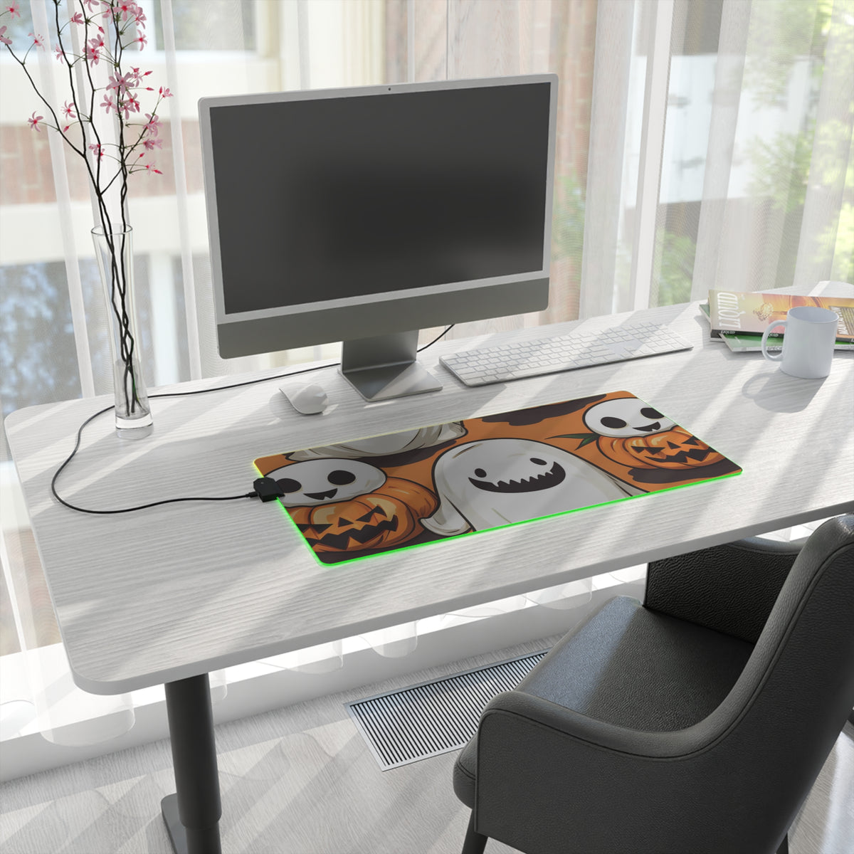LED Gaming Mouse Pad with Skeletal Ghost in a Pumpkin Design for Halloween, view 10